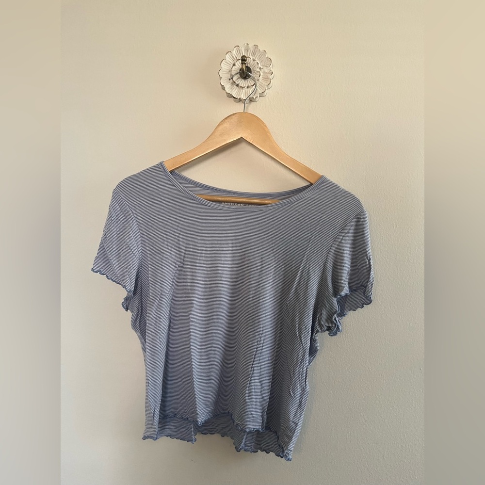 American Eagle Outfitters Lettuce Edge Light Blue Striped Tee